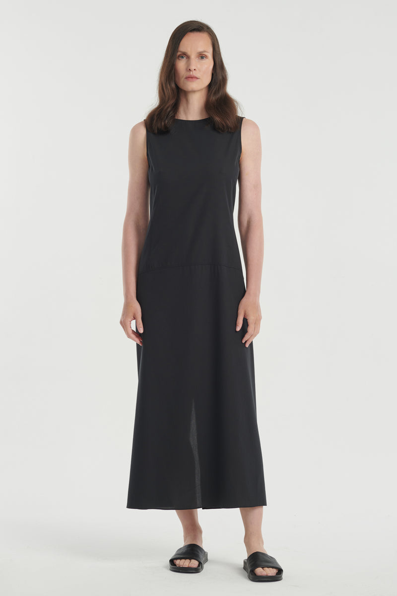 Black cotton sleeveless dress with cutlines