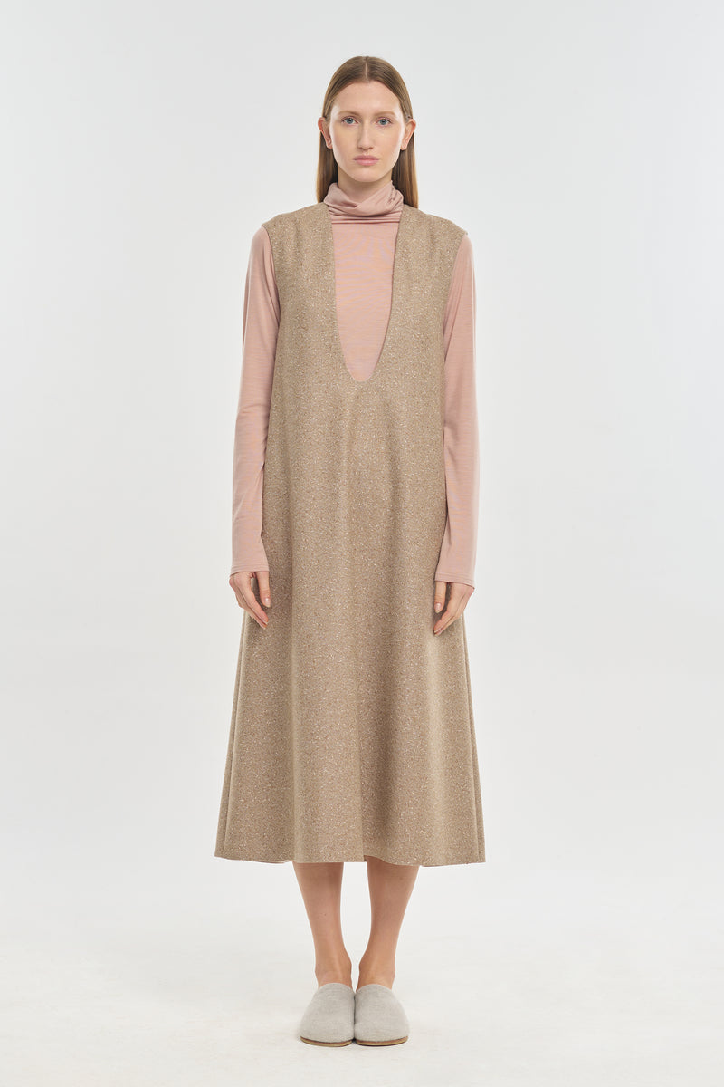 Beige speckle tweed wool blend long dress