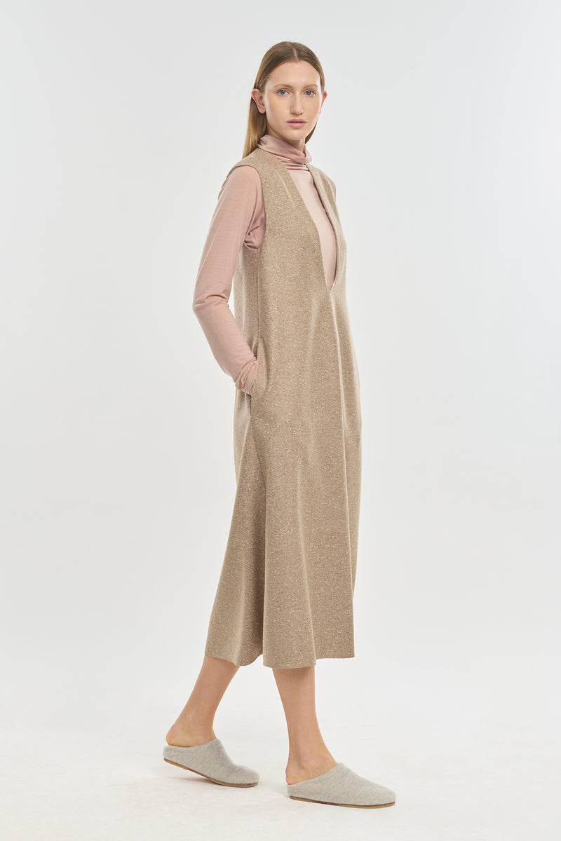 Beige speckle tweed wool blend long dress