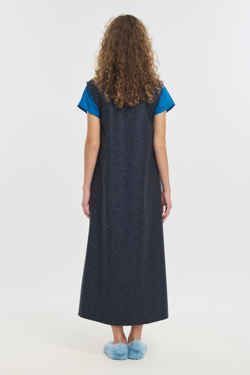 Blue speckle tweed wool blend long dress