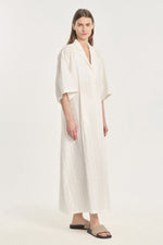 Off white textured cotton silk wide sleeve dress