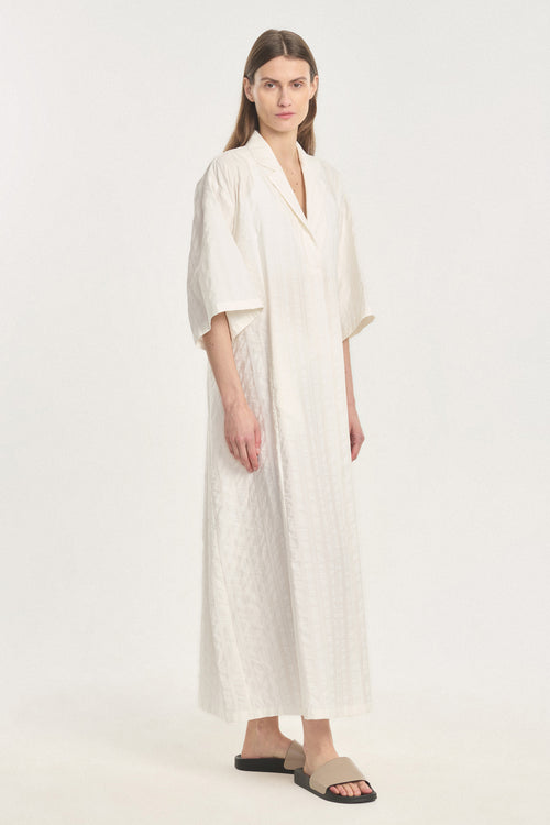 Off white textured cotton silk wide sleeve dress