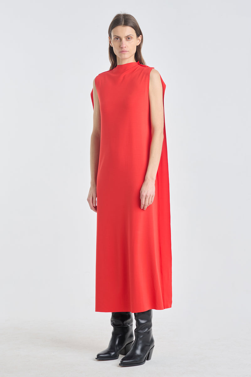 Red sleeveless raw edge dress