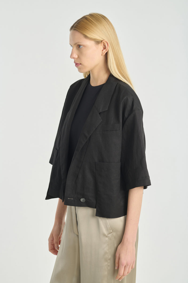 Black viscose linen twill short jacket