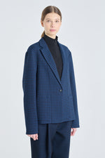 Checked dark blue waffle wool relaxed jacket