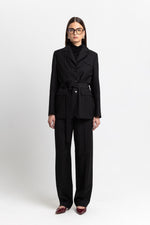 Black herringbone suiting tailored straight pants