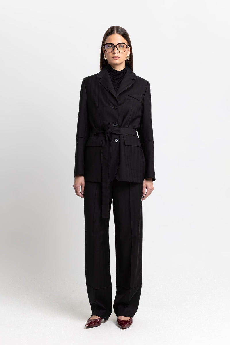 Black herringbone suiting tailored straight pants