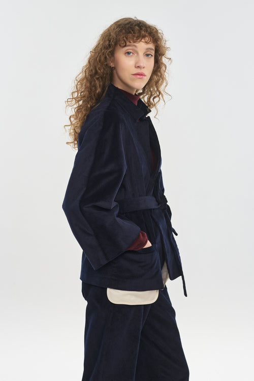 Navy blue corduroy belted wide sleeve jacket