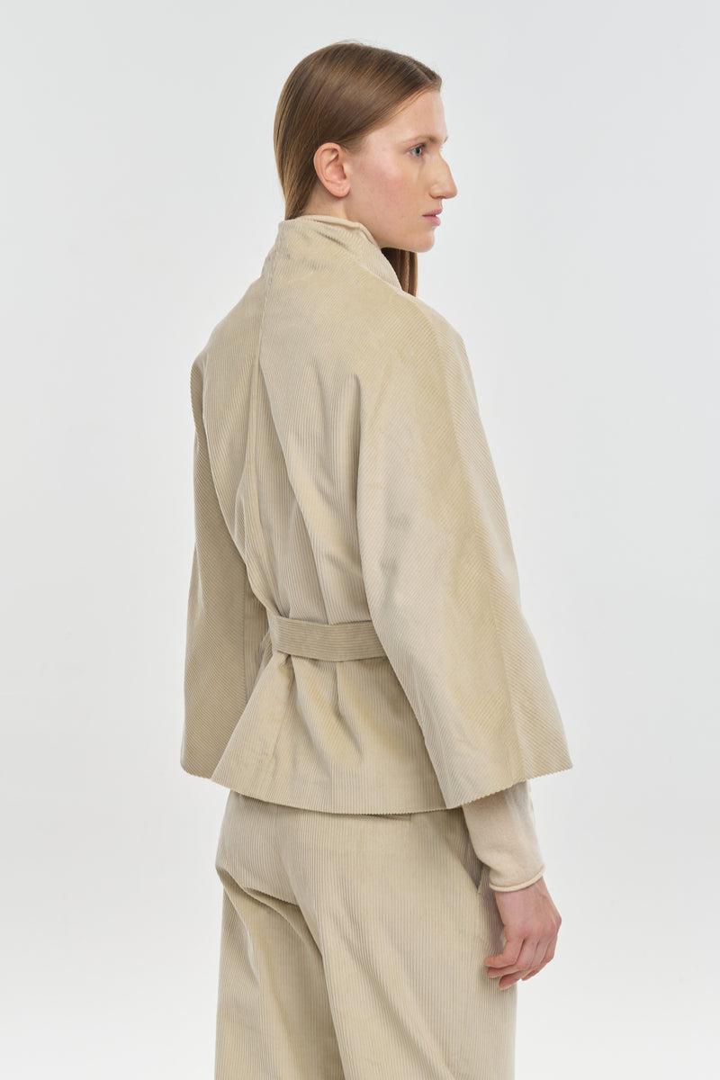 Stone corduroy belted wide sleeve jacket