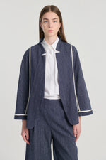 Blue textured cotton belted wide sleeve jacket
