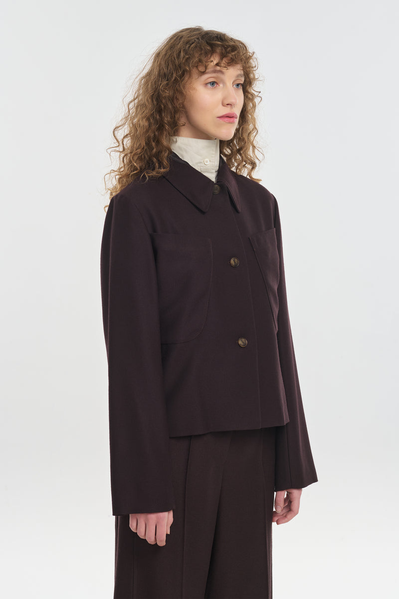 Oxblood viscose wool crepe short fitted jacket