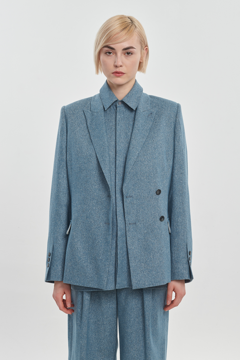 Light blue wool silk tweed double-breasted blazer