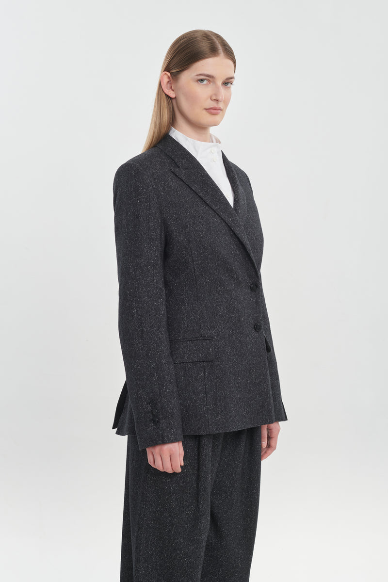 Black wool silk tweed double-breasted blazer