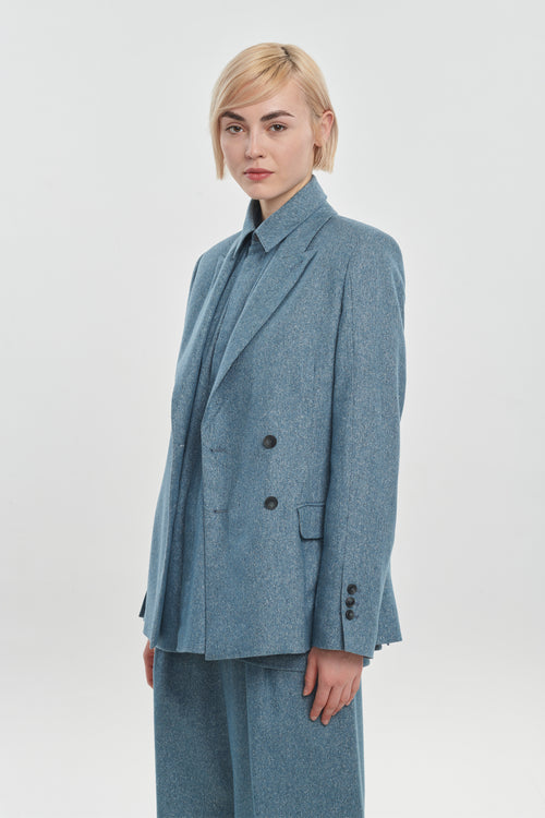 Light blue wool silk tweed double-breasted blazer