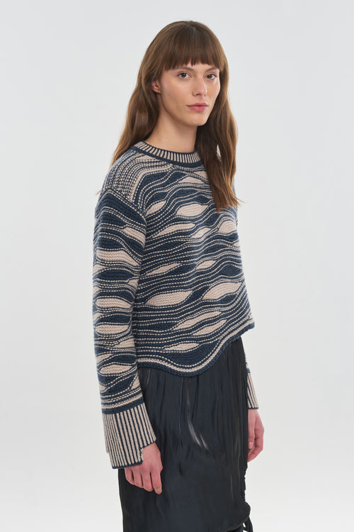 Grey blue & beige extra fine merino pullover