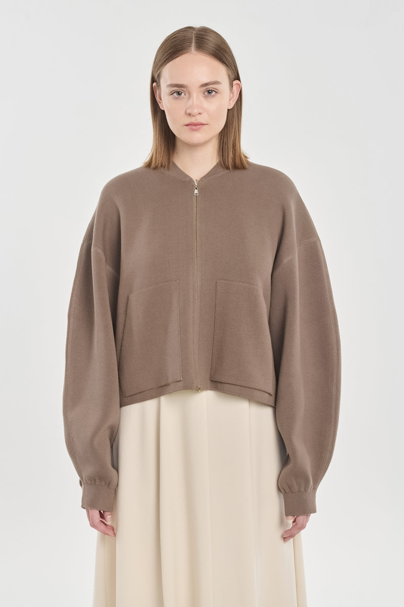 Taupe & lime cotton doubleface knitted bomber