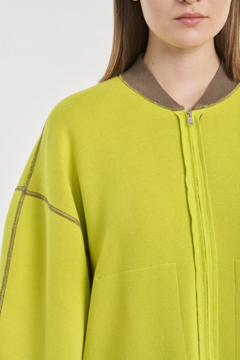 Taupe & lime cotton doubleface knitted bomber