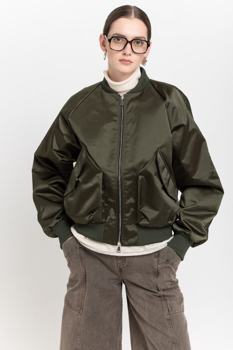 Dark green econyl satin bomber