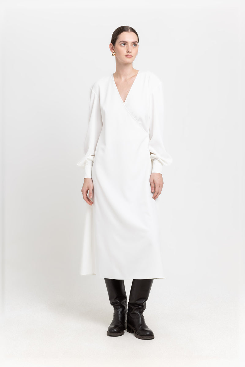 Off white elastic crepe wrap dress