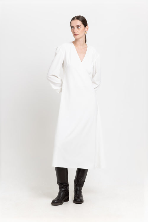 Off white elastic crepe wrap dress
