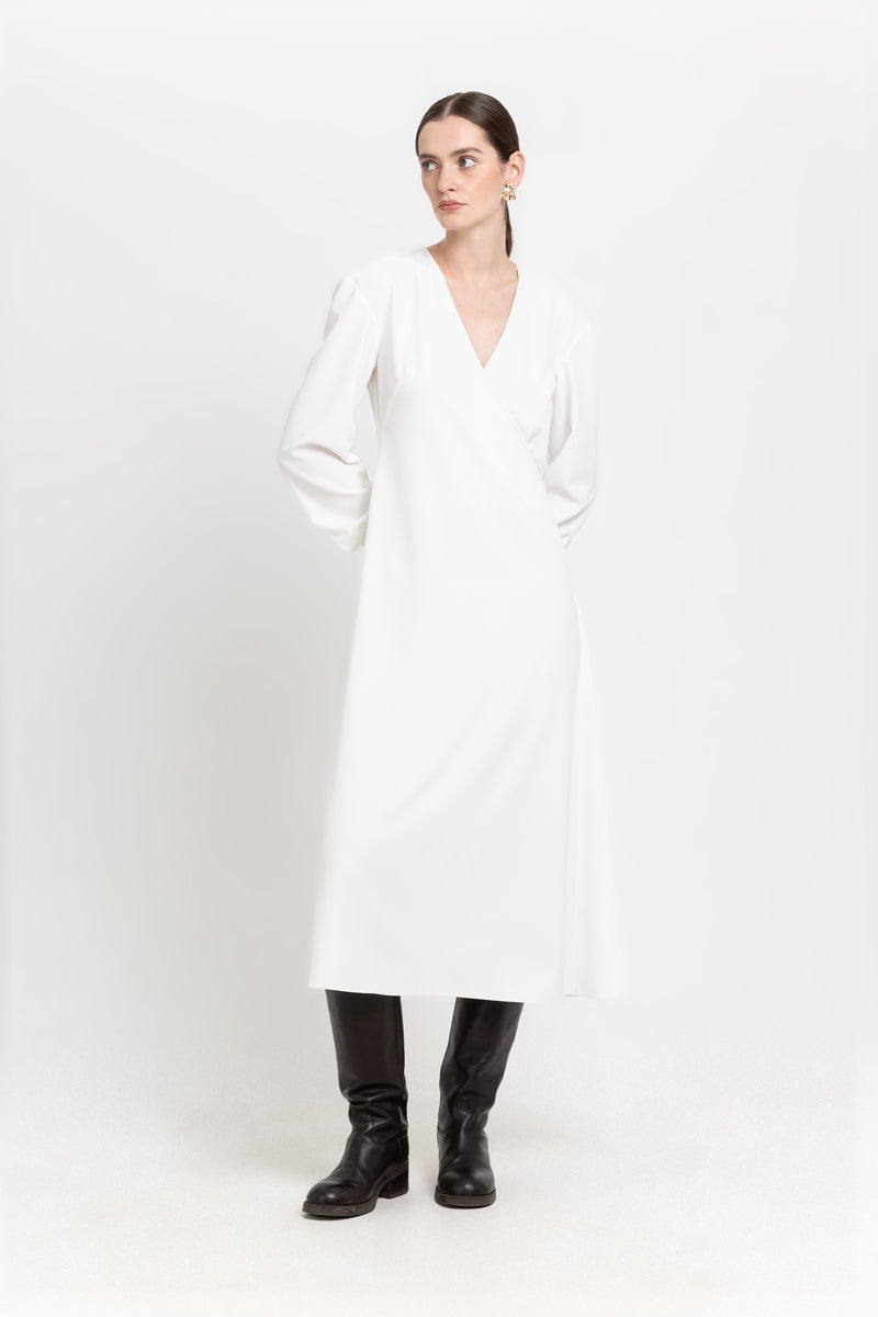 Off white elastic crepe wrap dress