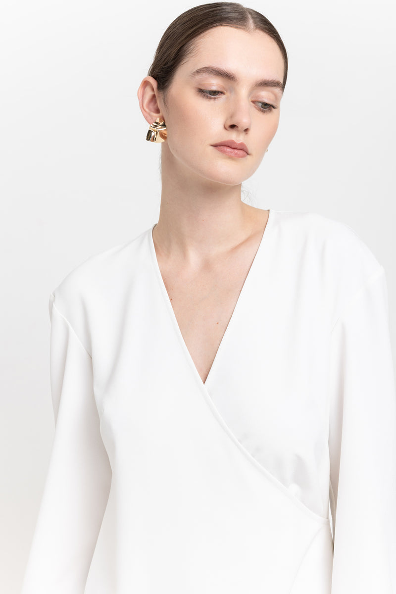 Off white elastic crepe wrap dress