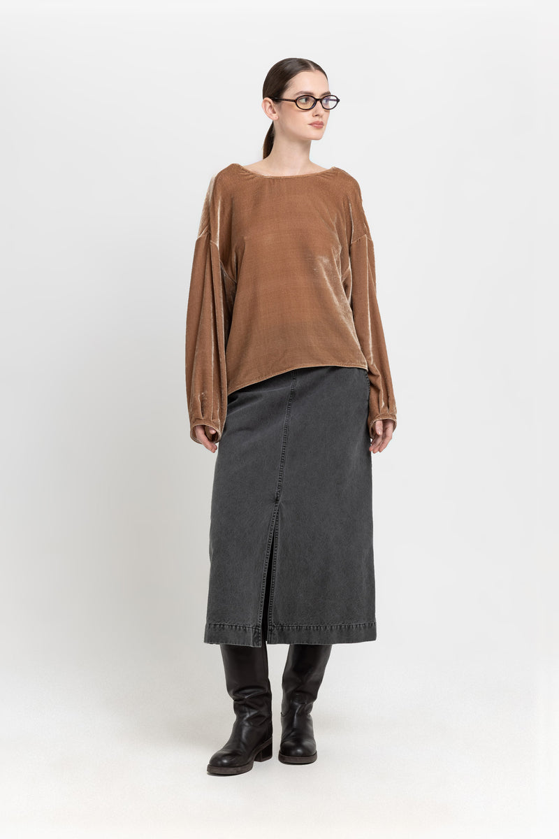 Beige red silk viscose velvet open back top