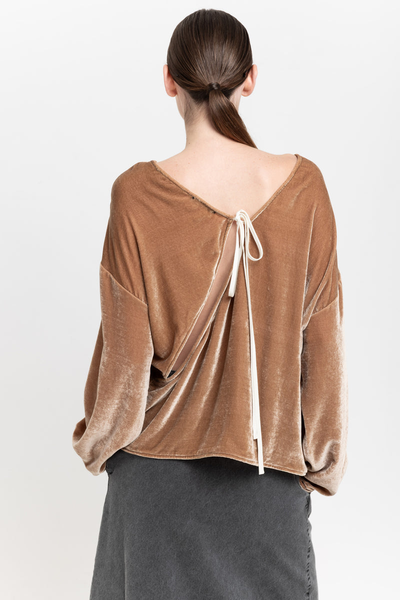 Beige red silk viscose velvet open back top