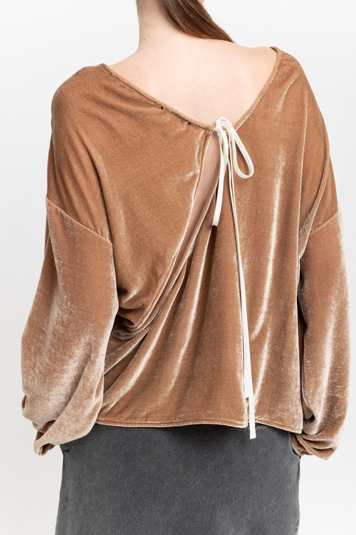 Beige red silk viscose velvet open back top