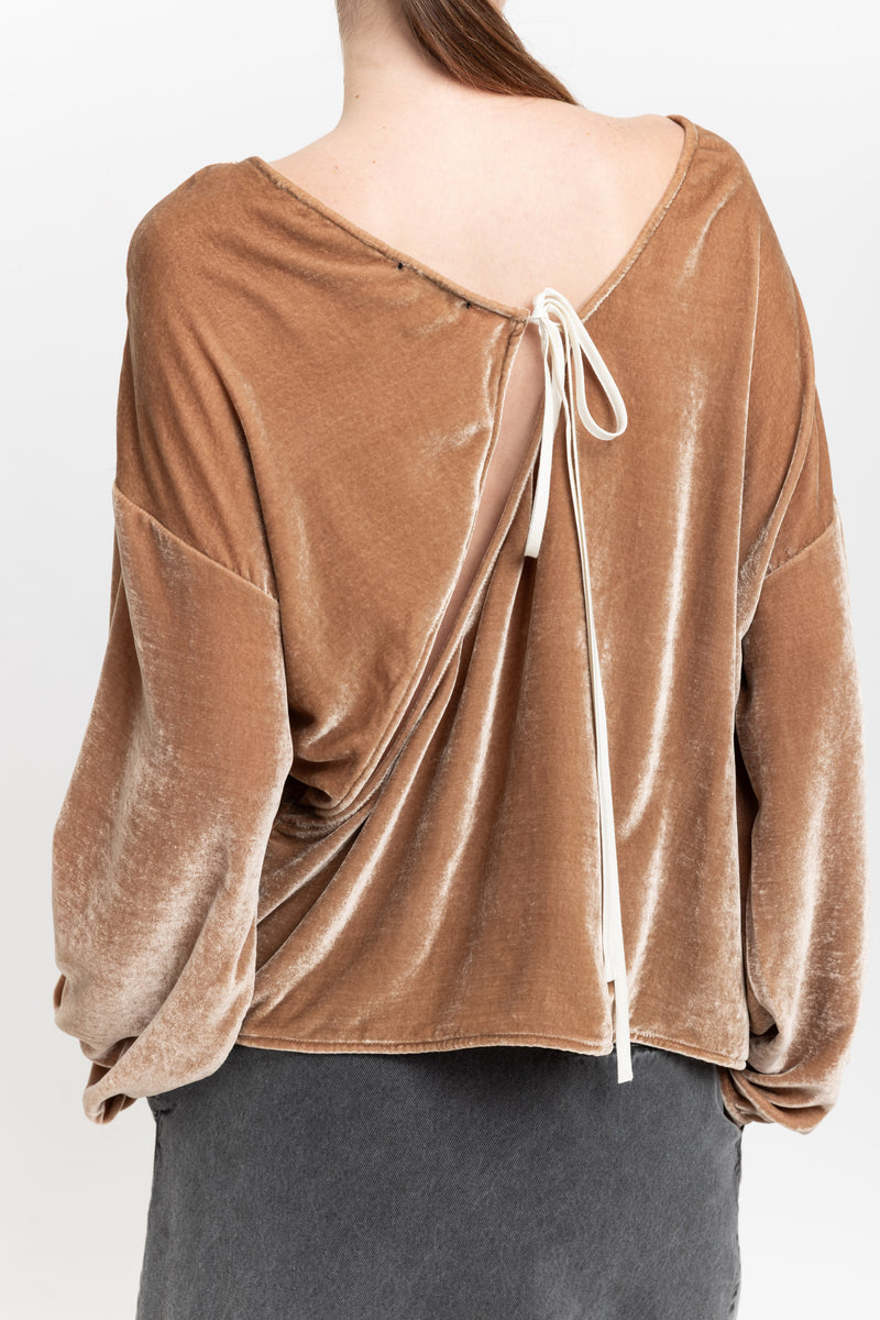 Beige red silk viscose velvet open back top