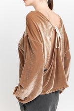 Beige red silk viscose velvet open back top