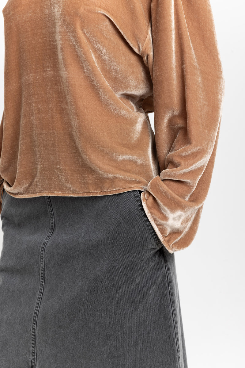 Beige red silk viscose velvet open back top
