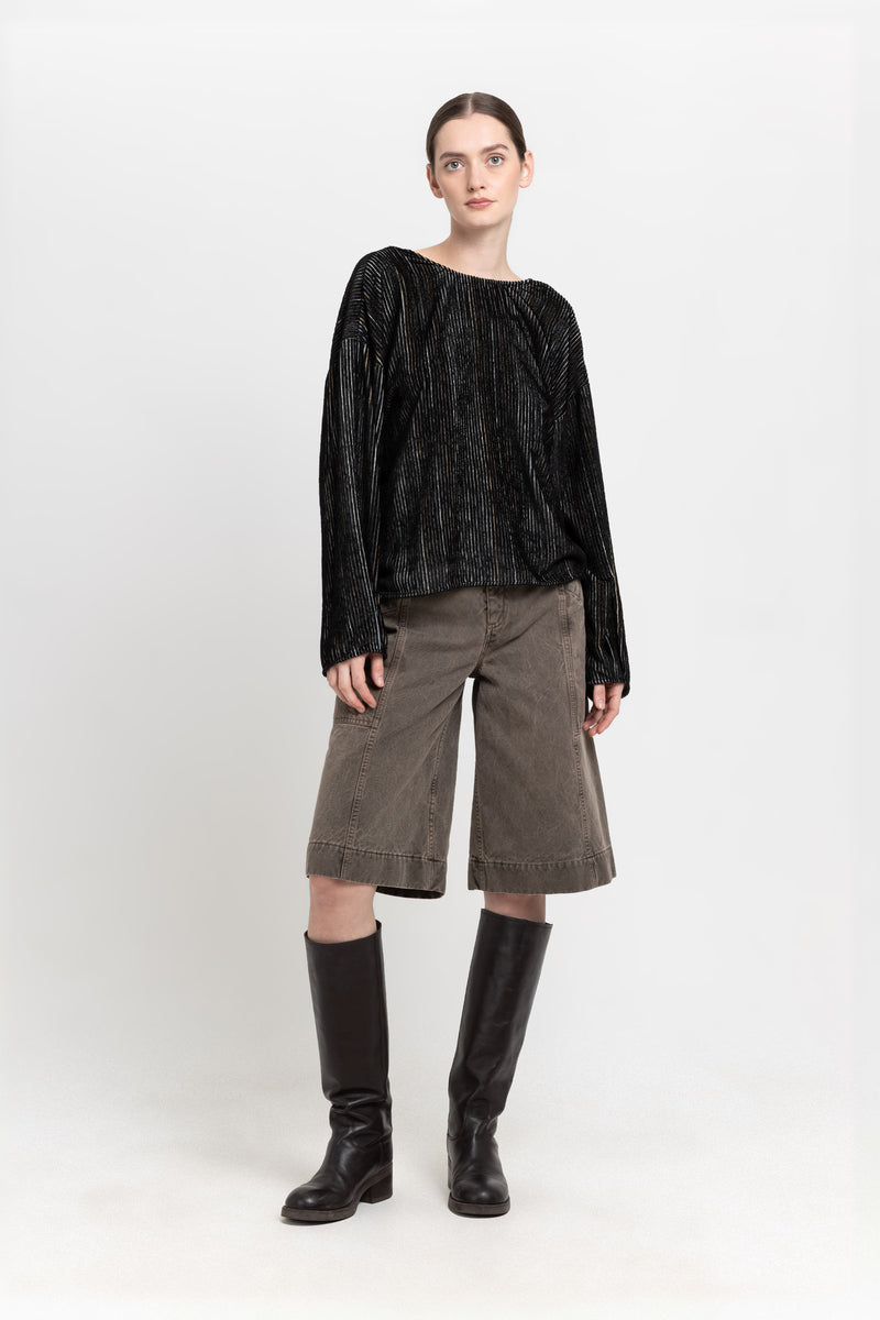 Black stripe corduroy velvet open back top