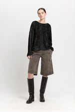 Black stripe corduroy velvet open back top