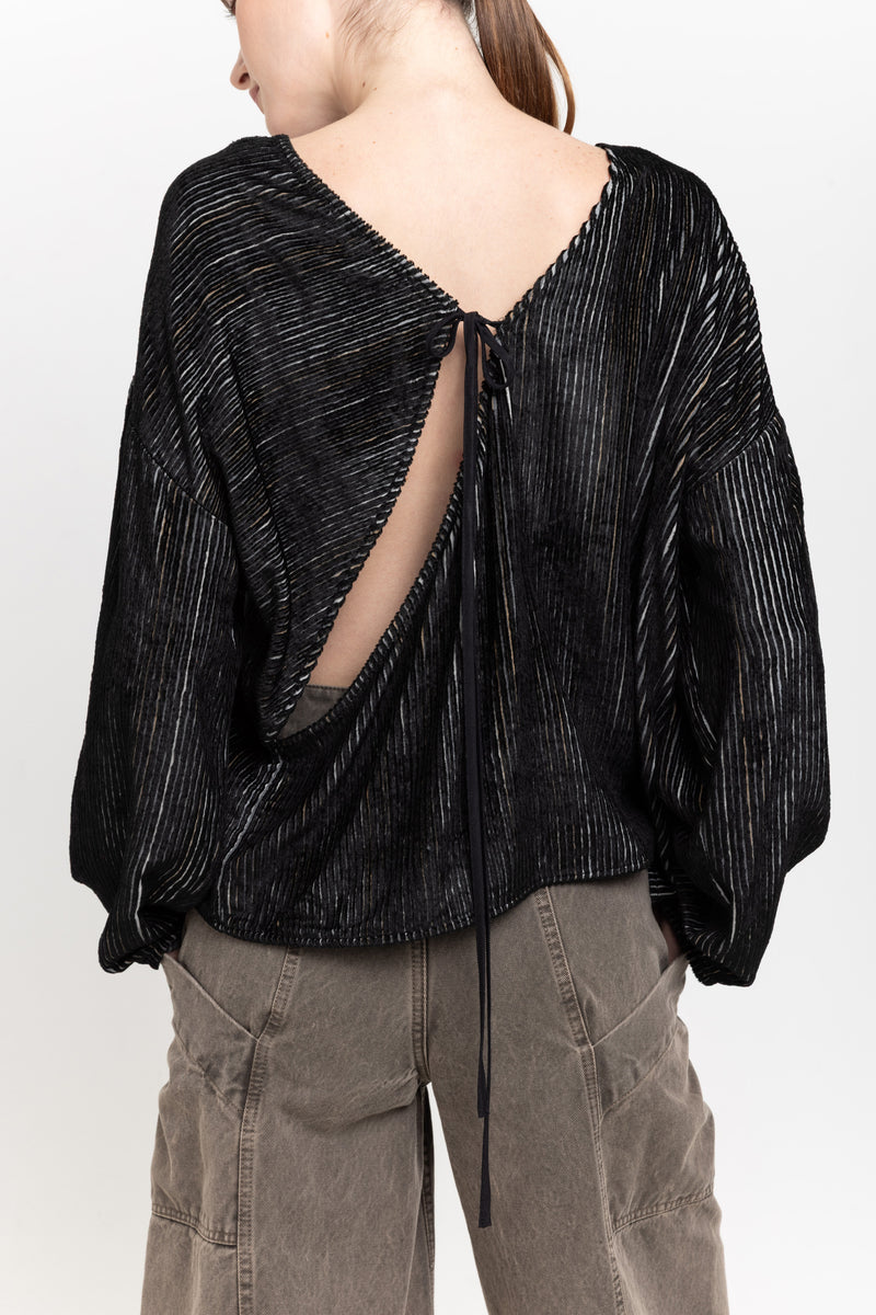 Black stripe corduroy velvet open back top