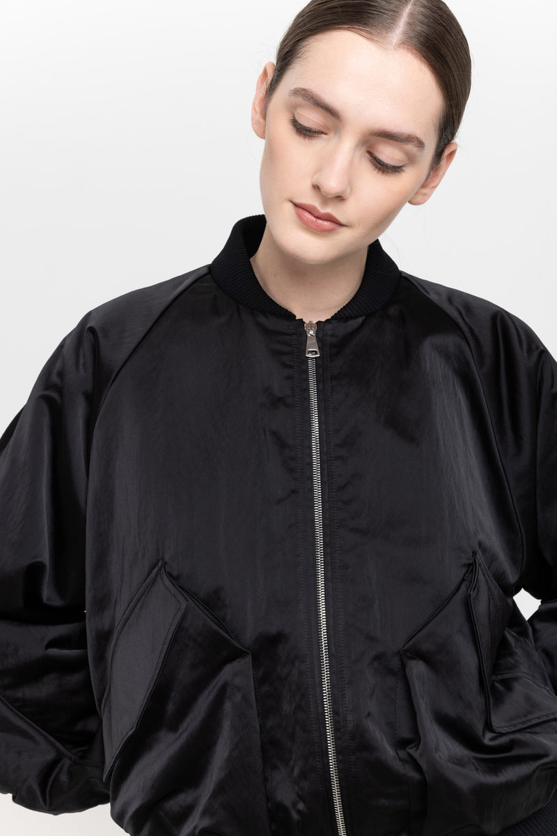 Black satin nylon bomber