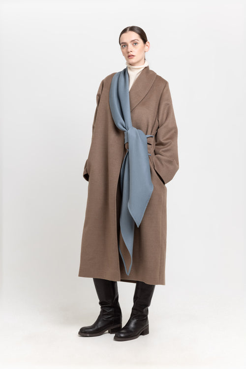 Beige & light blue soft fleece wool coat with scarf