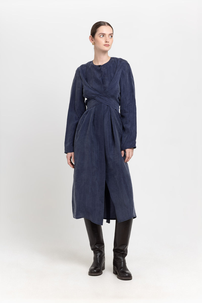 Blue washed tencel dress with tie detail