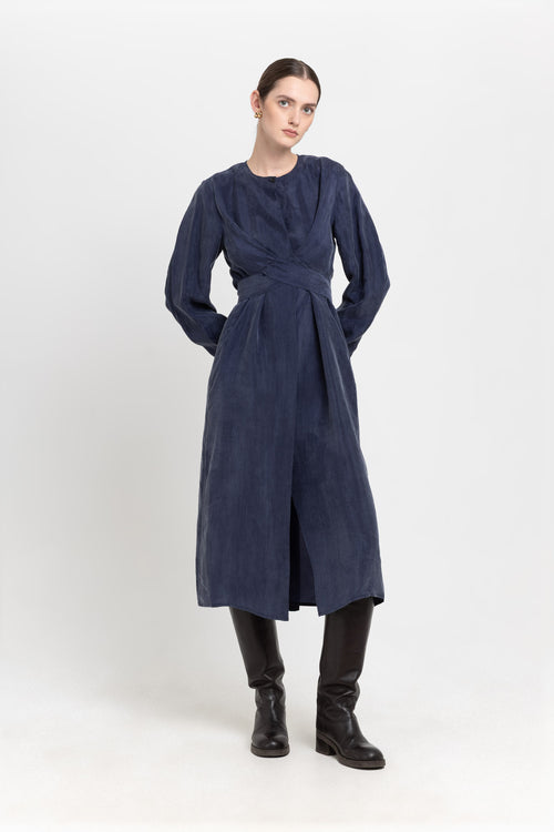 Blue washed tencel dress with tie detail