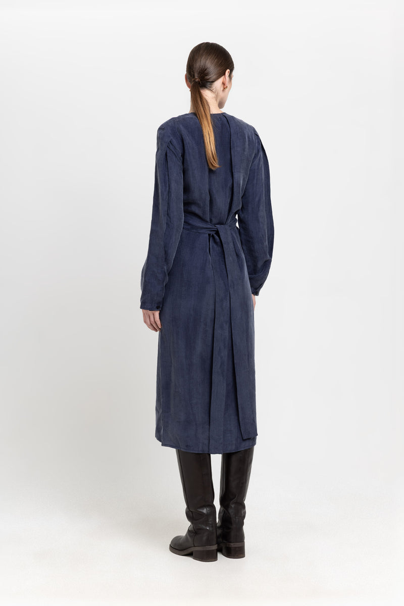 Blue washed tencel dress with tie detail