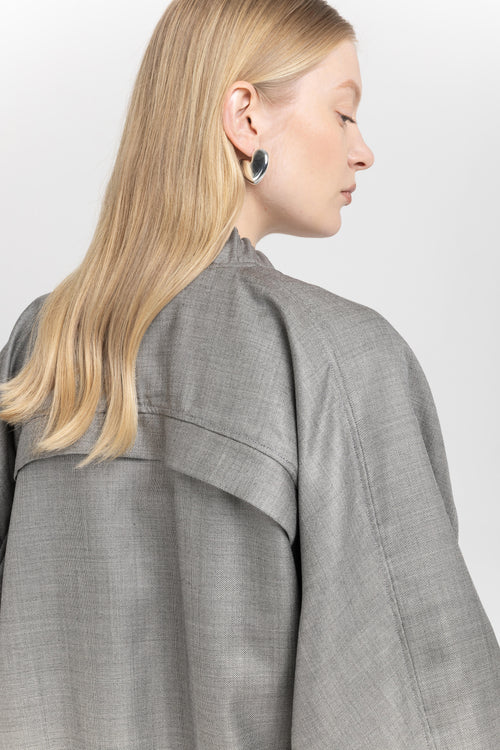 Grey wool silk suiting grey bomber jacket