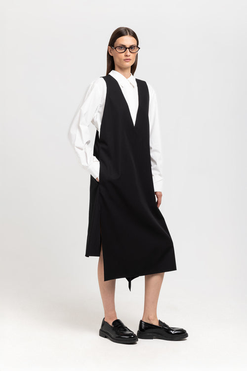 Black wool twill sleeveless office dress