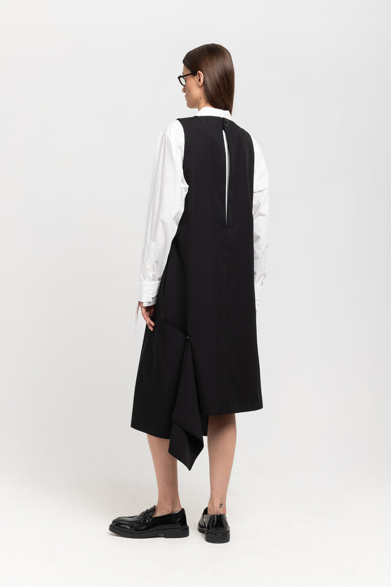 Black wool twill sleeveless office dress