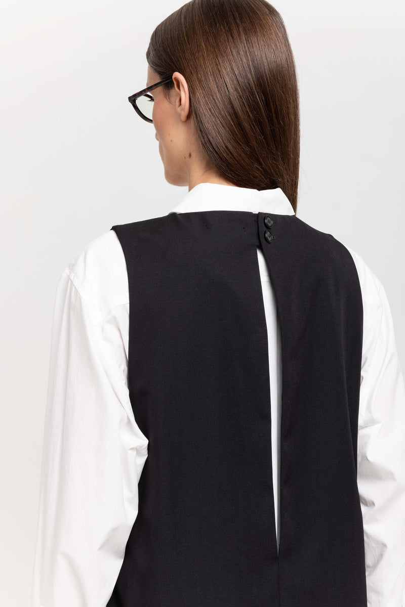 Black wool twill sleeveless office dress