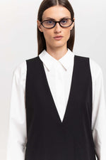 Black wool twill sleeveless office dress
