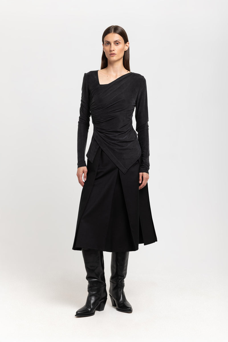 Deep black wool twill pleated skirt