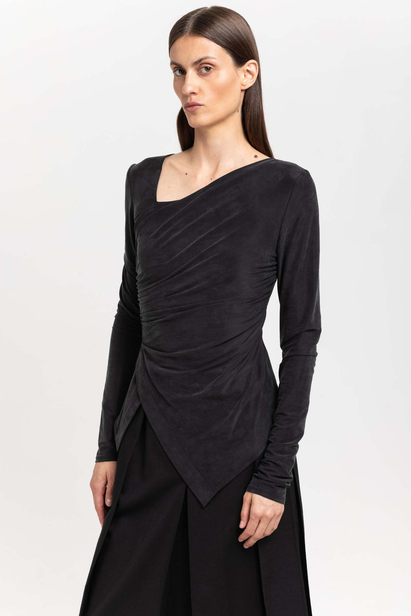 Anthracite cupro jersey asymmetric ruched top