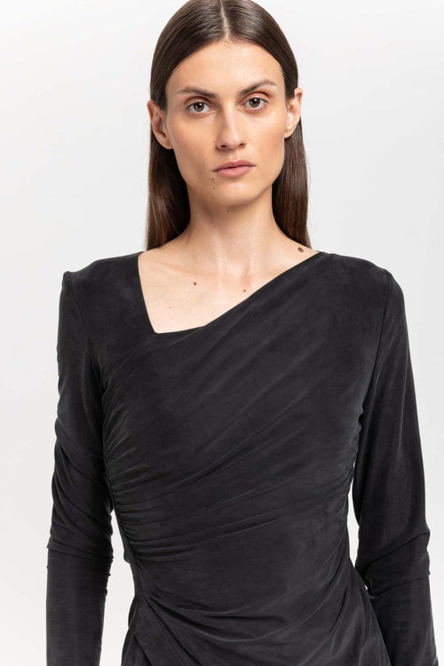 Anthracite cupro jersey asymmetric ruched top