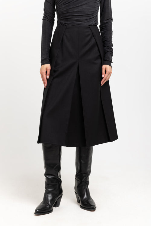 Deep black wool twill pleated skirt