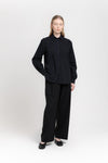 Black crinkle poplin lantern sleeve blouse